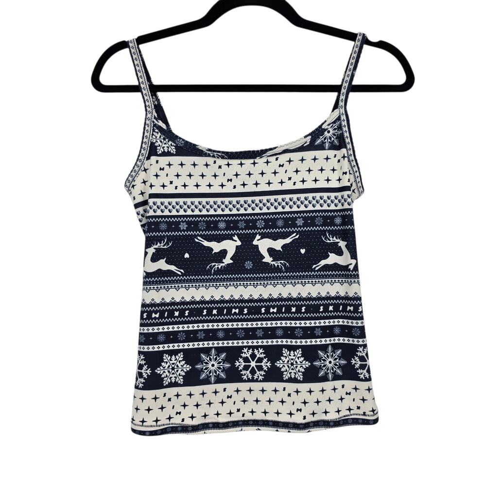 NWT Skims Navy Deer Fairisle Logo Plush Pointelle Cami & Pants Pajama Set Size L - Picture 7 of 9